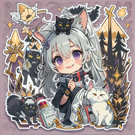 a sticker, pretty anime girl, （Silvery-white hair with long twin tails）,Reddish-purple eyes，Happy smile，campsite，teepee，There is only one black cat，In a circle, White background, Gold-rimmed，It features a simple, ultra-detailliert, Detailed drawing, vector...
