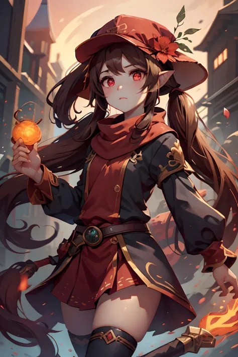f4nt4nsy style pikkyhutao, 1girl, brown hair, long hair, symbol-shaped pupils, solo, red eyes, looking at viewer, twintails, flower, hat, long sleeves, bangs, blush, jewelry, hat flower, black headwear