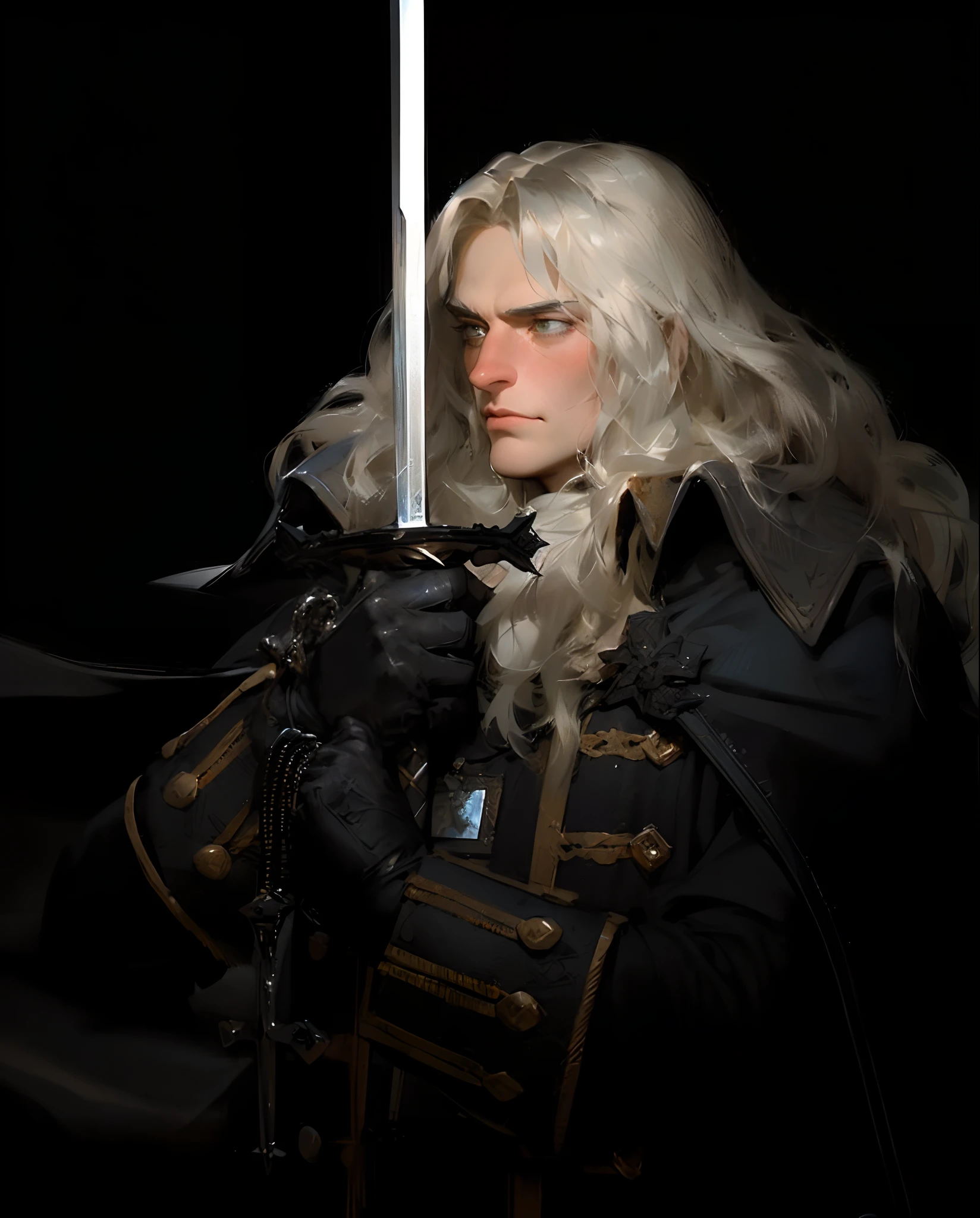 a close up of a person holding a sword in a dark room, alucard, henry cavill as arthas menethil, portrait of fin wildcloak, fantasy character photo, mario as the witcher, fantasy character octane render, fantasy male portrait, portrait of geralt of rivia, tuomas korpi and wlop, noble elf male in black robes