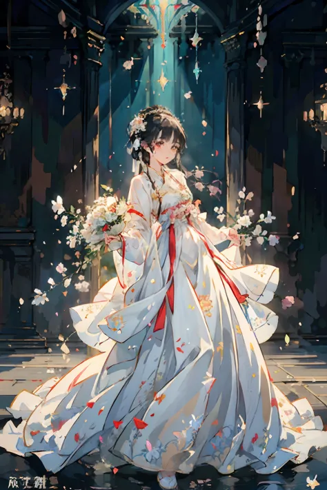 (anime,white dress,holding bouquet of flowers,masterpiece,romanticism art style,palace,Hanfu,sparkling colors,vibrant flowers,el...