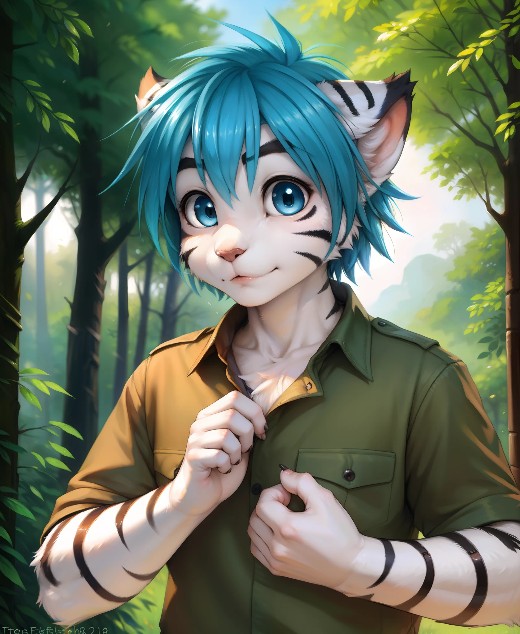 by kenket, by totesfleisch8, (by thebigslick, by silverfox5213:0.8), (by syuro:0.2),, ,, tiger-trace, twokinds, by tom_fischbach,, (best quality, masterpiece:1), solo, furry male anthro, blue eyes, medium hair, blue hair, portrait, fingers, finger claws, looking at viewer, tiger tail , White Tiger (outdoors dark forest trees blurry blurred background:1.1),