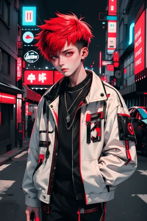 boy walking, half body shot, white red hair, cool black open short jacket, messy fade cut hair, crazy, on futuristic neon night ...