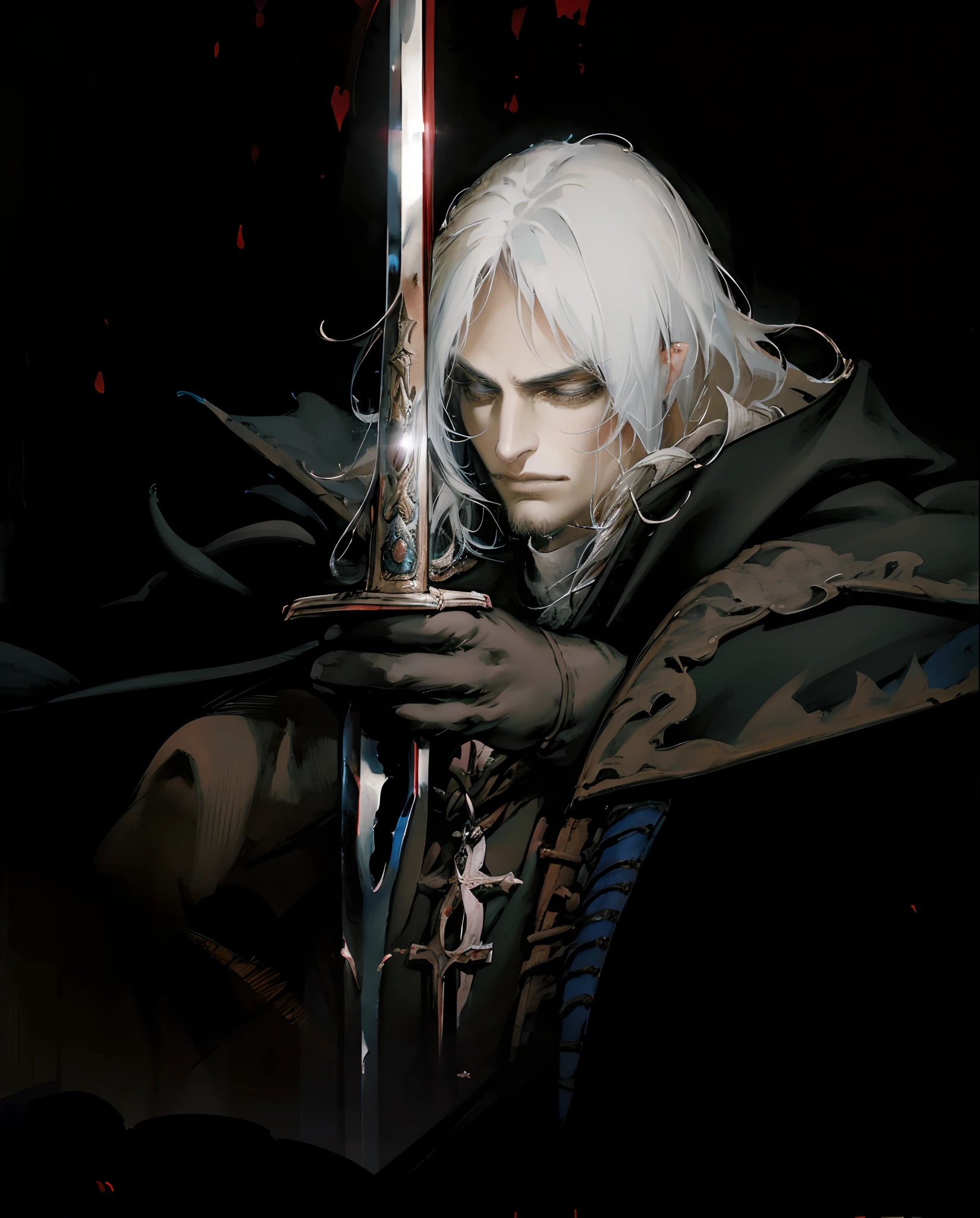 a close up of a person holding a sword in a dark room, alucard, henry cavill as arthas menethil, portrait of fin wildcloak, fantasy character photo, mario as the witcher, fantasy character octane render, fantasy male portrait, portrait of geralt of rivia, tuomas korpi and wlop, noble elf male in black robes, painted by kojima ayami. alucard painted by kojima ayami