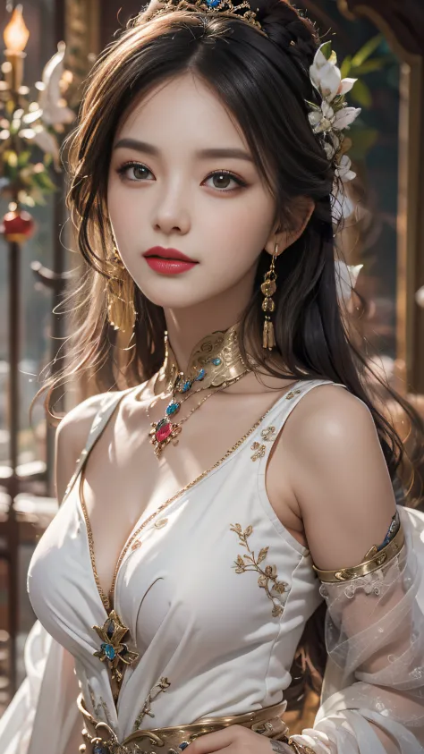 Portrait of a young saint of 20 years old, Saint with a beautiful and super cute face,Wearing a very thin and sexy Ao Dai, Beaut...