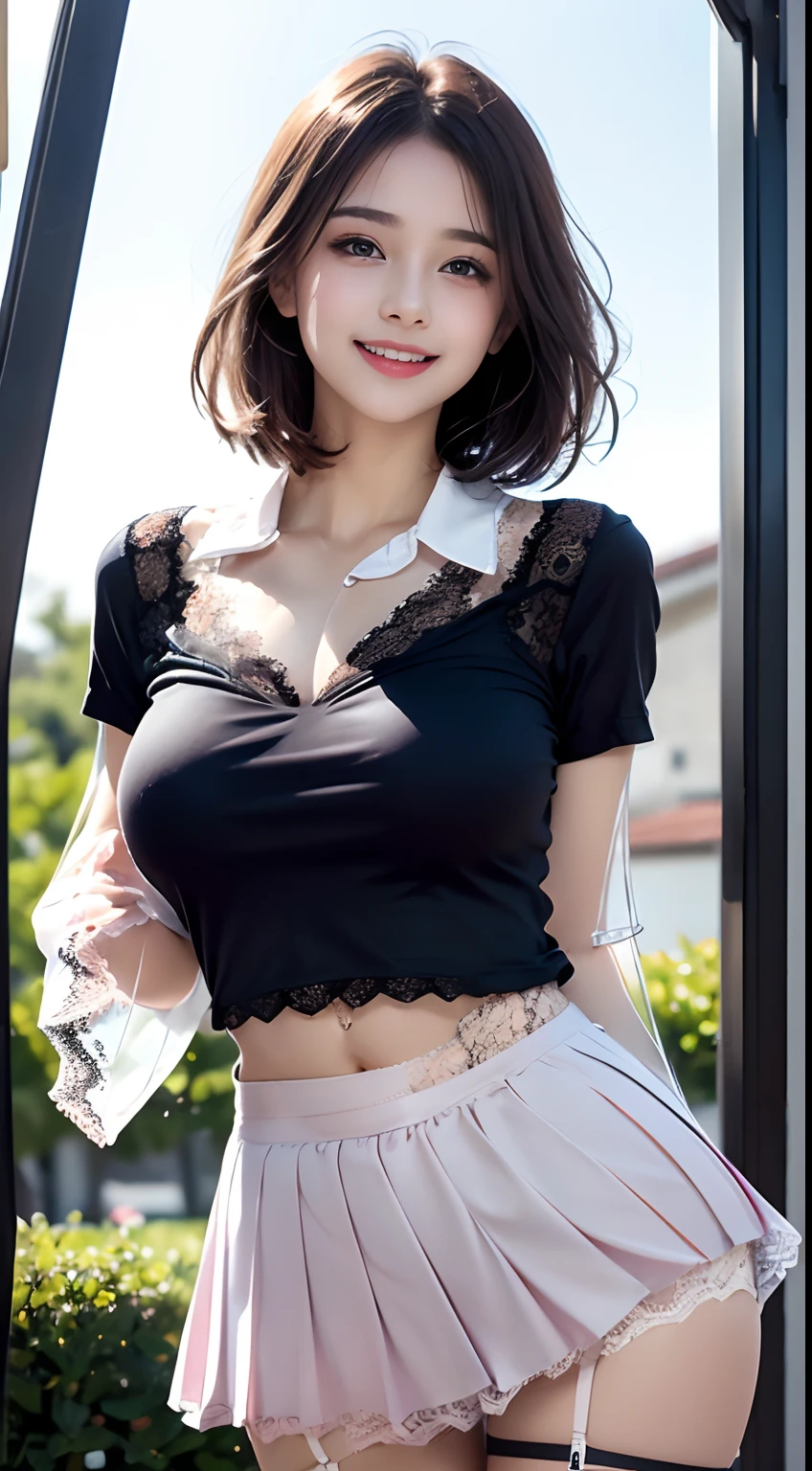 (1girl in), dark brown hair, Amazing face and eyes, Pink eyes, (High  with wide open chest:1.1), Beautiful big breasts, Chest wide open, (amazingly beautiful girl), short-hair, (High , Pleated mini-skirt:1.5), ((Best Quality)), (a beautiful slender girl), (extremely detailed CG unified 8k wallpaper), Highly detailed, High-definition raw color photos, Professional Photography,A gentle smile full of happiness、Expression in a state of excitement、Lacking、panting、Rejoice with tears、(((Transparent lace panties are visible:1.5)))、Jumping、Windy、the beach