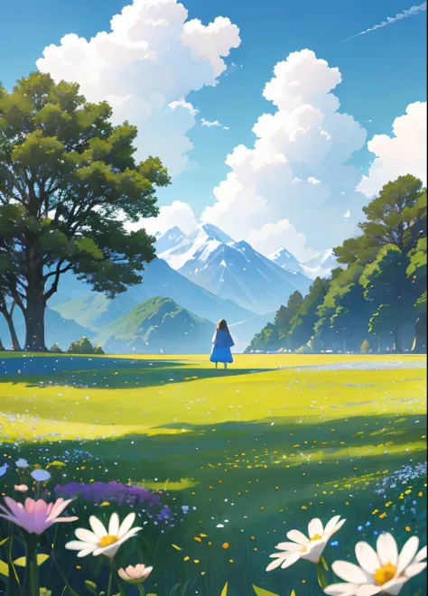 Summer, meadows, a few small flowers, clear lakes, heaven, big clouds, blue sky, hot weather, HD details, surdetails, cinematic, surrealism, soft light, deep field focus bokeh, distant vistas are snowy mountains, ray tracing and surrealism. --v6