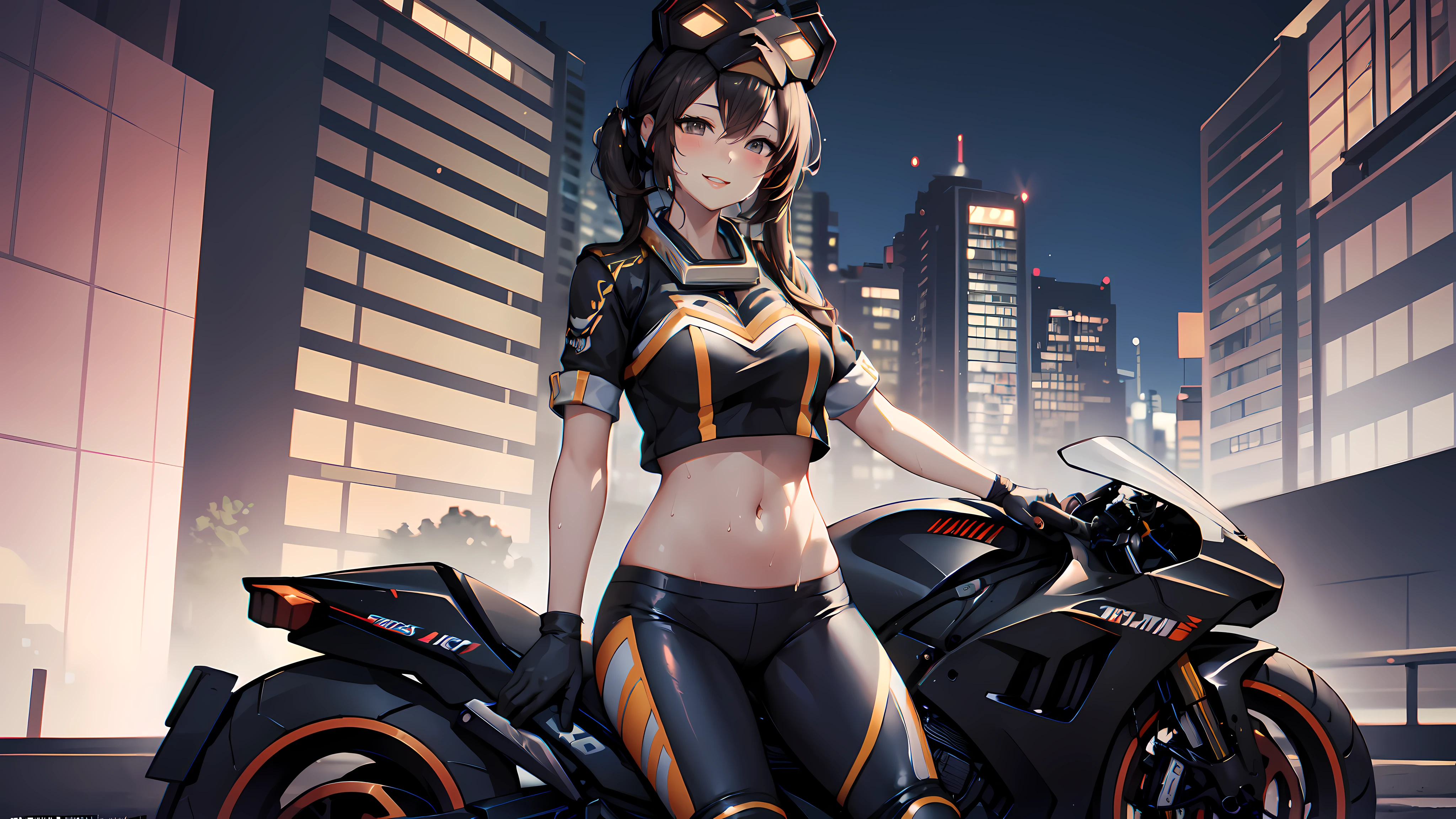 1girl, (Cat mask, croptop, Tight pants, Twin-tailed, Short sleeves, gloves), navel, (Close Shot, Best Quality, hight resolution, 4K, Detailed Lighting, Shaders, NSFW), Smiling, blush, lips, Sweat, Night time, Looking at Viewer, Focus, (on a racing motorbike), cyberpunk background