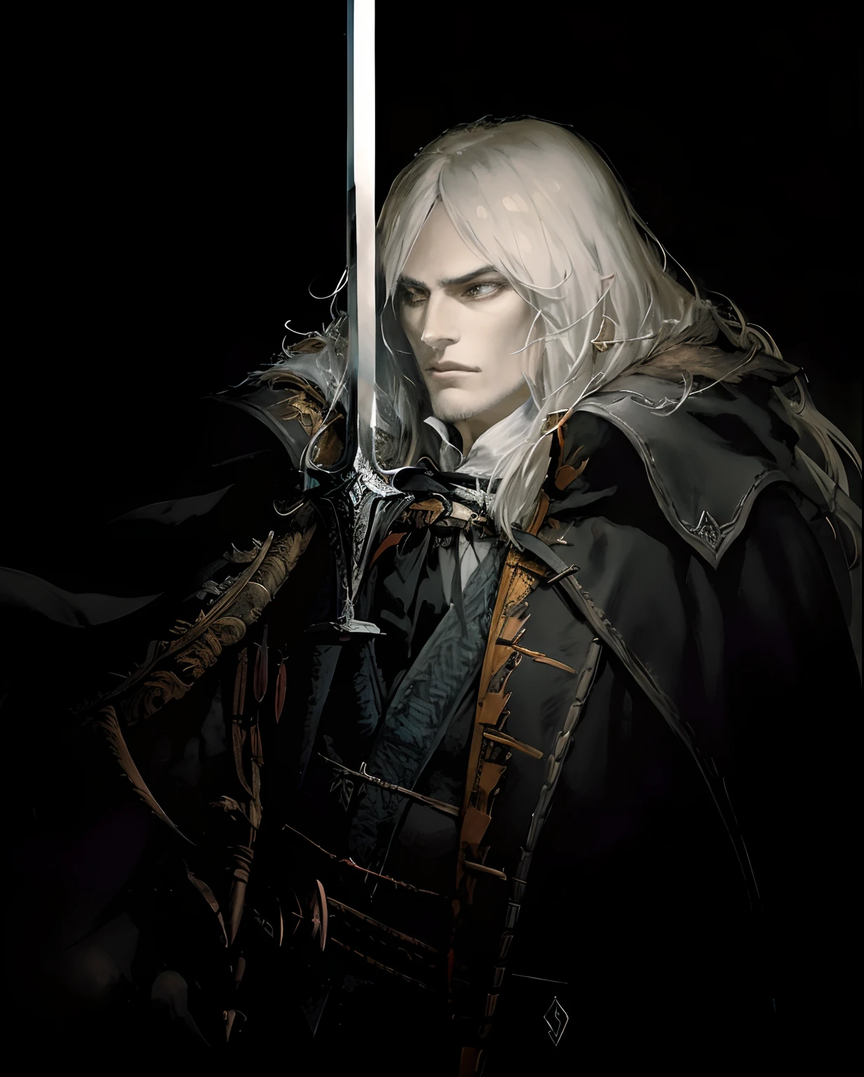 a close up of a person holding a sword in a dark room, alucard, henry cavill as arthas menethil, portrait of fin wildcloak, fantasy character photo, mario as the witcher, fantasy character octane render, fantasy male portrait, portrait of geralt of rivia, tuomas korpi and wlop, noble elf male in black robes, painted by kojima ayami. alucard painted by kojima ayami, hands clasped onto sword, holding hanging crucifix in hand