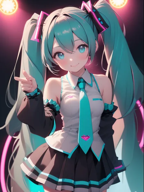 1girl, solo, ((Hatsune Miku)), twintails, skirt, detached sleeves, tie, posing, smile, looking at viewer, stage, neon lights, ((...