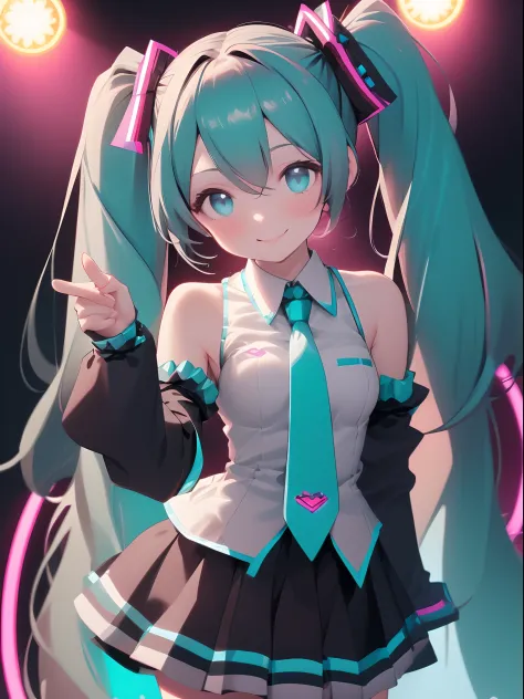 1girl, solo, ((hatsune miku)), twintails, skirt, detached sleeves, tie, posing, smile, looking at viewer, stage, neon lights, ((...