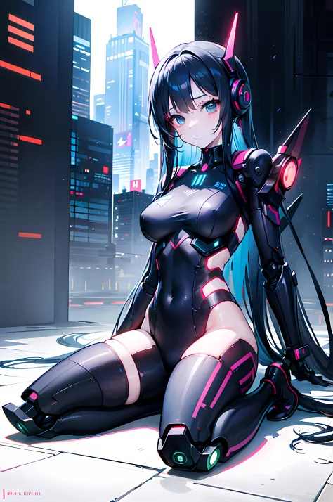 face clearly defined and drawn, anime girl in futuristic suit sitting on the ground with a cell phone, cyberpunk anime girl mech, perfect anime cyborg woman, female cyberpunk anime girl, cute cyborg girl, perfect android girl, girl in mecha cyber armor, cy...