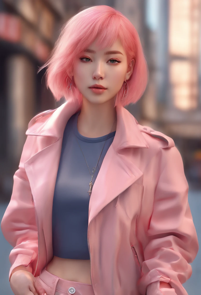 a close up of a woman with pink hair and a black warm sweater, inspired by Yanjun Cheng, 8k street style render, soft dynamic shot 8 k, photorealistic anime girl render, kawaii realistic, artwork in the style of guweiz, 8 k realistic digital art, [ 4 k photorealism ]!!, yanjun chengt, photorealistic beautiful face, short hair cut, pink-peach hair, full body, sitting on a sidewalk, blue jeans, trousers