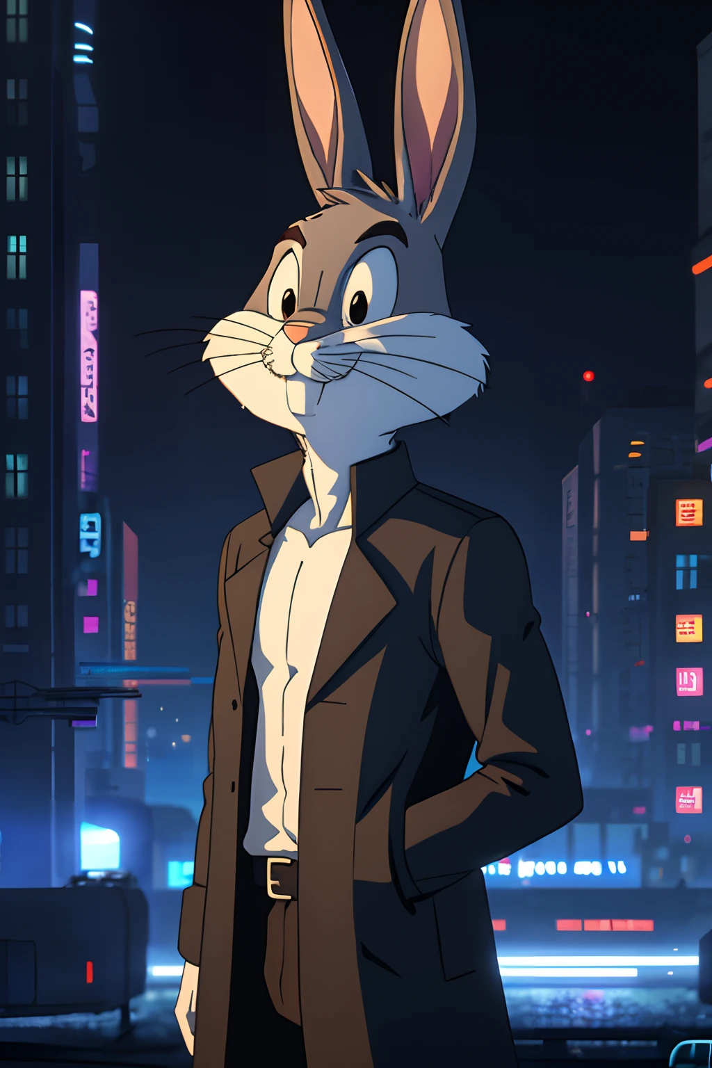 A close up of a cartoon rabbit in a suit standing in a city - SeaArt AI