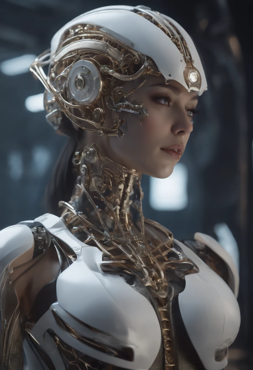 Anime - A stylized image of a woman with a skeleton body and helmet, unreal engine rendered + A goddess, Biomechanical OPPAI, Highly detailed cybernetic subjects, white biomechanical details, gynoid cyborg body, 3 D rendering character art 8 K, Detailed body, intricate detailed Mechanical body, cybernetic and highly detailed