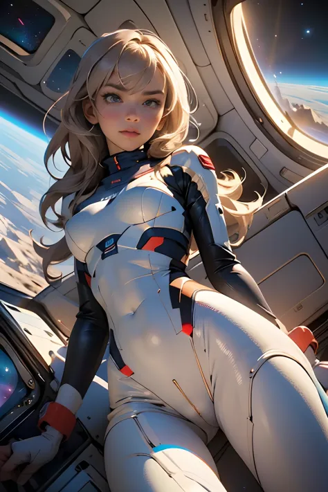 sandy hair fit body large breasts slender thighs slender waist pilot suit solo looking at viewer in space long hair blushing determination, 8k, extreme detail,