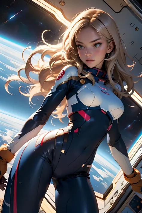 sandy hair fit body large breasts slender thighs slender waist pilot suit solo looking at viewer in space long hair blushing det...