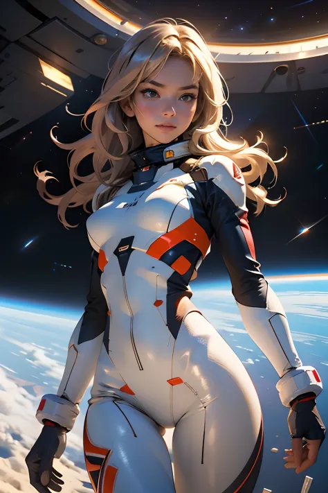 sandy hair fit body large breasts slender thighs slender waist pilot suit solo looking at viewer in space long hair blushing determination, 8k, extreme detail,