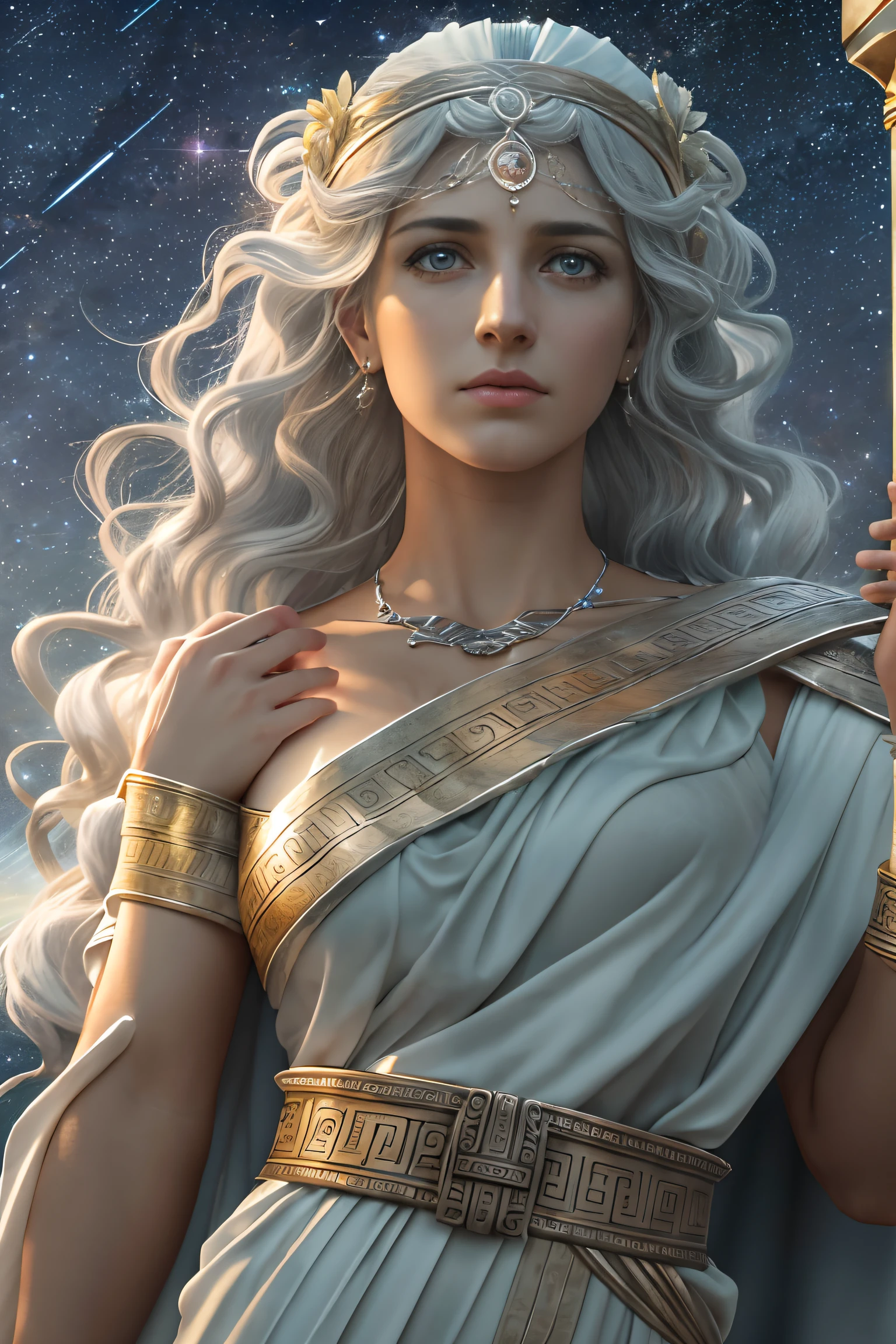 Dike, greek goddess of justice and moral, with silver hair, has all seeing bright eyes, has beautiful and sorrowful face, wears long greek toga, a balance scale, starry sky, Greek Mythology, solemn atmosphere, ultra-accurate description of hands, photorealistic, super detail, masterpiece, best quality, highres, 8k