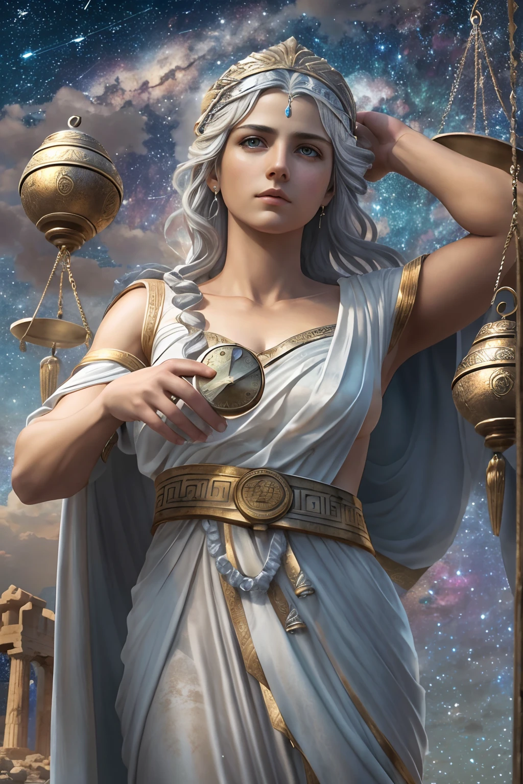 Dike, greek goddess of justice and moral, with silver hair, has all seeing bright eyes, has beautiful and sorrowful face, wears long greek toga, a balance scale, starry sky, Greek Mythology, solemn atmosphere, ultra-accurate description of hands, photorealistic, super detail, masterpiece, best quality, highres, 8k