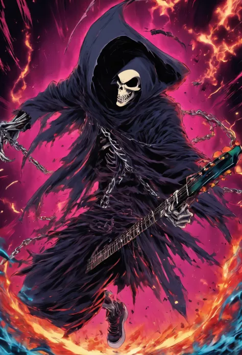 Japanese manga about a grim reaper is jumping and play a electric guitar with angry face and the spike chain around the neck with fisheye camera angle drawing style by Tite Kubo