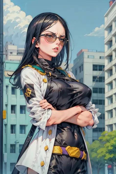 1girl, minimalism, Nico Robin, dark hair, sunglasses, Eiichirō Oda, simple, vector, huge breast, city from background,))