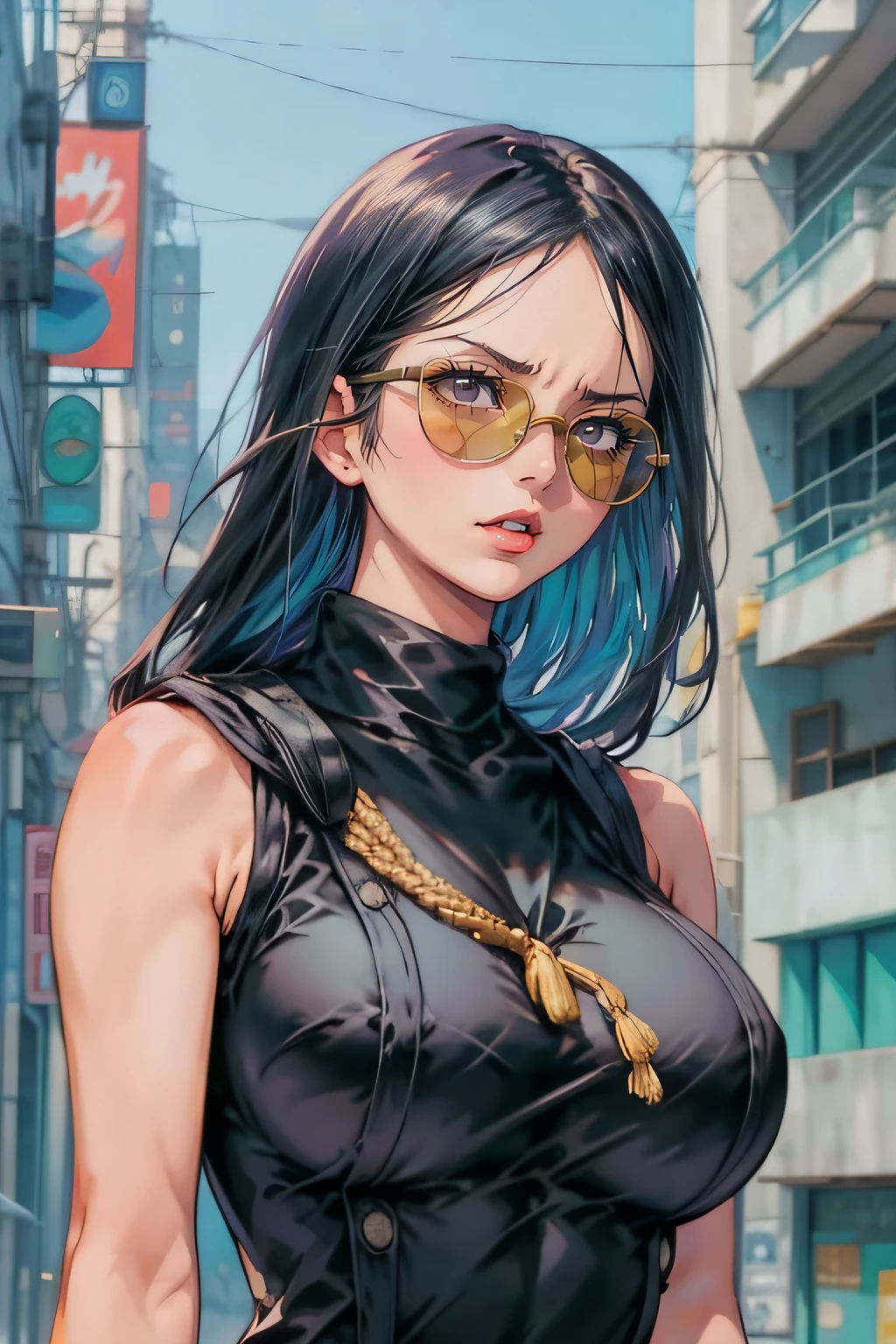 1 Mädchen, Minimalismus, Nico Robin, dunkles Haar, Sonnenbrille, Eiichiro Oda, einfach, Vektor, riesige Brust, Stadt vom Hintergrund,))