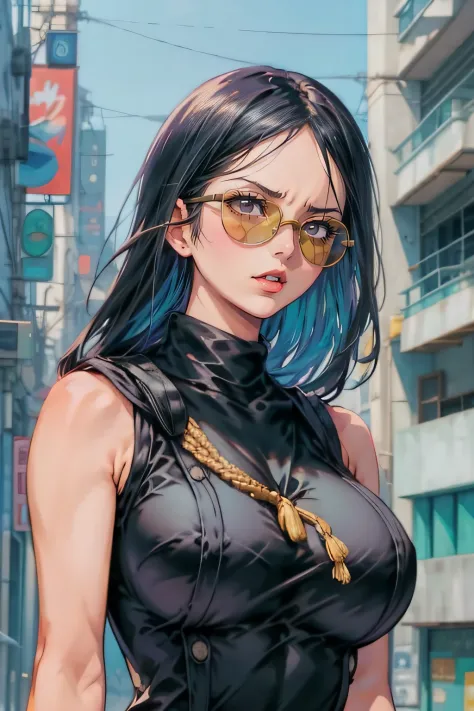 1girl, minimalism, Nico Robin, dark hair, sunglasses, Eiichirō Oda, simple, vector, huge breast, city from background,))