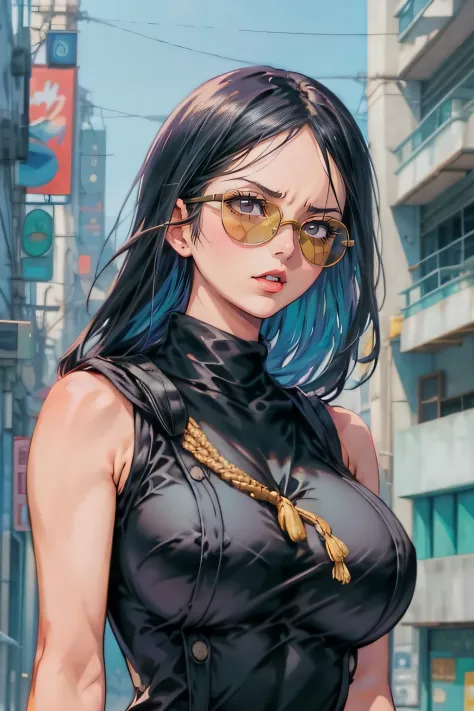 1girl, minimalism, nico robin, dark hair, sunglasses, eiichirō oda, simple, vector, huge breast, city from background,))