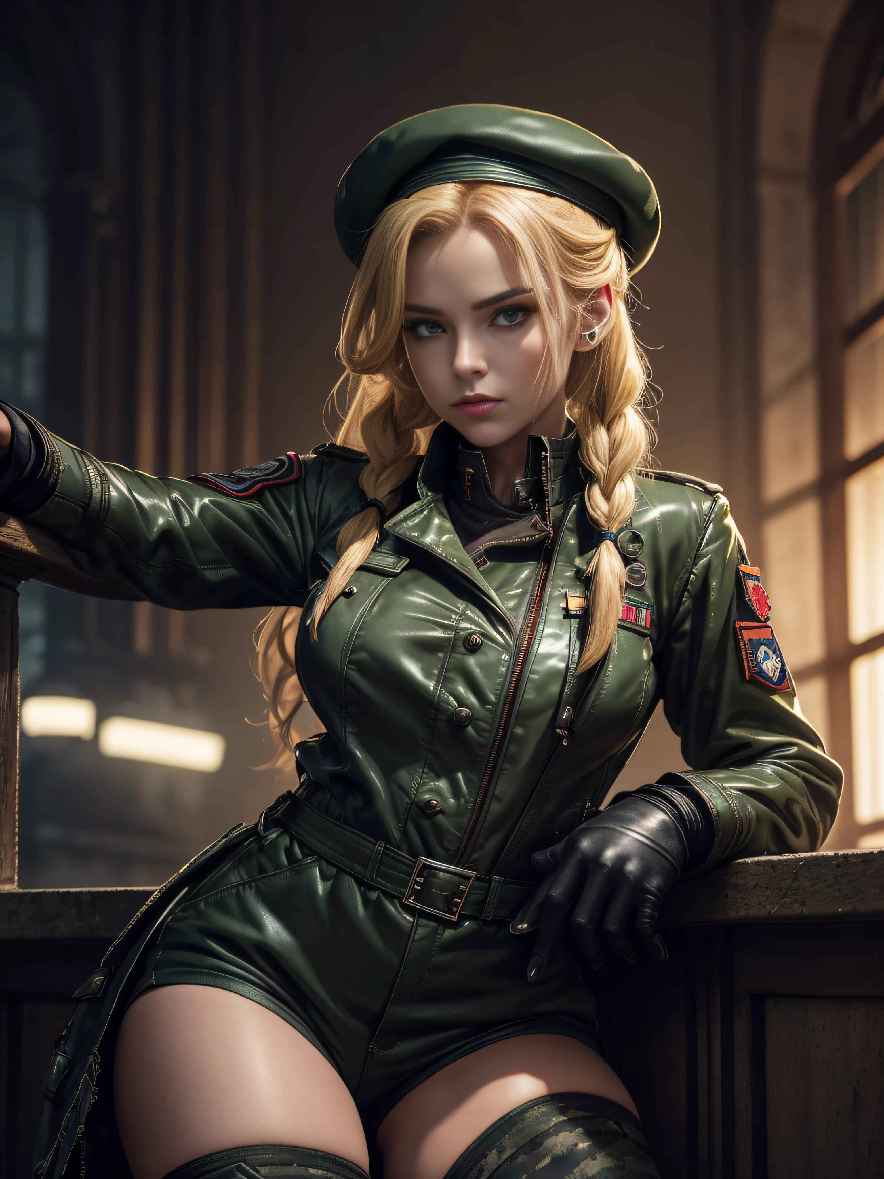 "(exquisitely detailed CG unity 8k wallpaper, masterpiece-quality with stunning realism), (best illumination, best shadow), (best quality), (elegant and demonic style:1.2), Arti modern anime. angled view, heroic pose, closeup full body portrait of stunningly beautiful cammy from street fighter, Masterpiece, best quality, highres, mature Cammy white, twin braids, long hair, blonde hair, antenna hair, beret, (red headwear:1), blue eyes, scar on cheek, green military croptop, green military shorts, red gloves, fingerless gloves, camouflage, (fully clothed:1), abs, depth of field blur effect, night, full zoom, action portrait, photorealistic. cinematic lighting, highly detailed. best quality, 4k, Better hand, perfect anatomy, leaning forward, foreshortening effects, coy flirty sexy expression, foreshortening effect, (piercing eyes:0.8), surrounded by an ominous and dark atmosphere, accentuated by dramatic and striking lighting, imbued with a sense of surreal fantasy". wearing laced military boots:1.5), (in MI6 headquarters:1) (wearing a British Military jacket:1.5) (mature:0.5) (military pose:0.5)