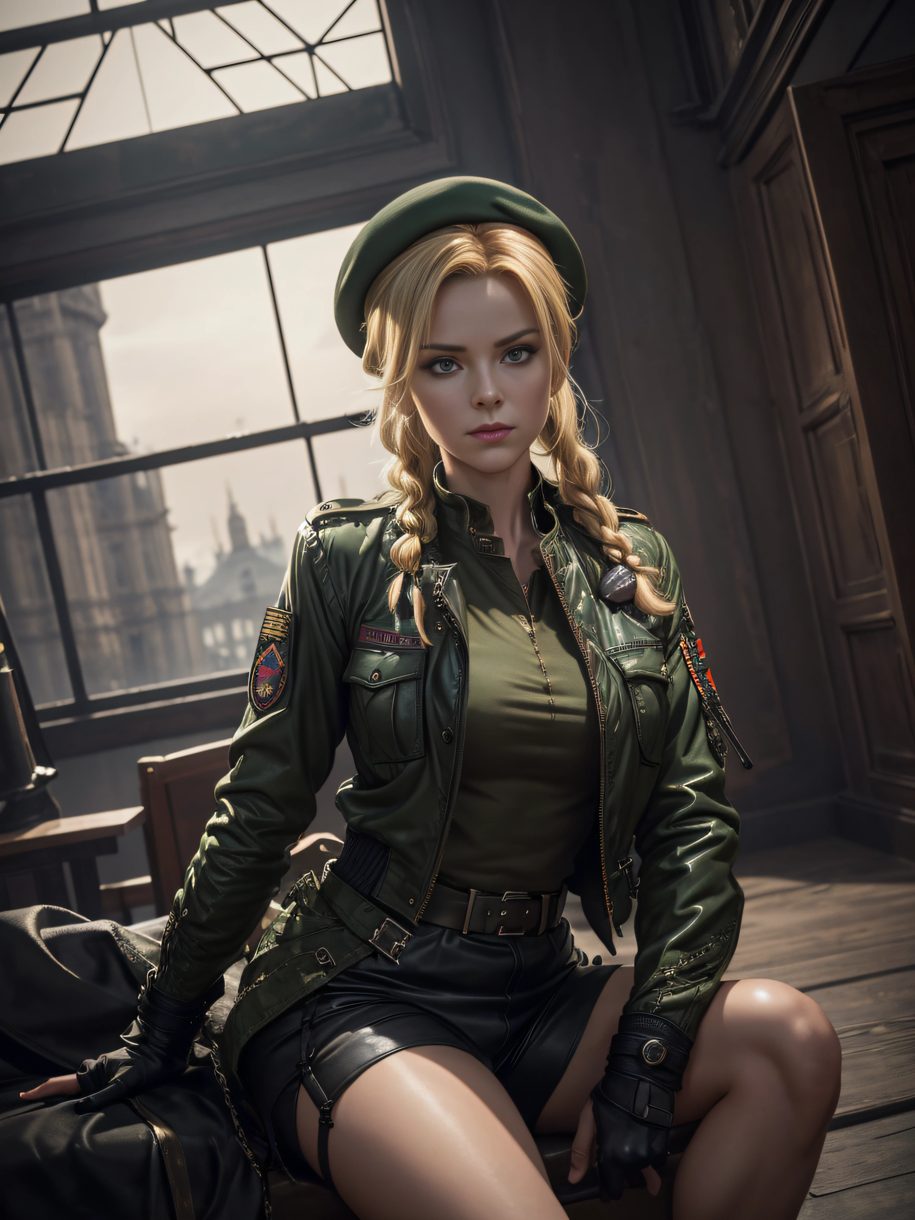 "(exquisitely detailed CG unity 8k wallpaper, masterpiece-quality with stunning realism), (best illumination, best shadow), (best quality), (elegant and demonic style:1.2), Arti modern anime. angled view, heroic pose, closeup full body portrait of stunningly beautiful cammy from street fighter, Masterpiece, best quality, highres, mature Cammy white, twin braids, long hair, blonde hair, antenna hair, beret, (red headwear:1), blue eyes, scar on cheek, green military croptop, green military shorts, red gloves, fingerless gloves, camouflage, (fully clothed:1), abs, depth of field blur effect, night, full zoom, action portrait, photorealistic. cinematic lighting, highly detailed. best quality, 4k, Better hand, perfect anatomy, leaning forward, foreshortening effects, coy flirty sexy expression, foreshortening effect, (piercing eyes:0.8), surrounded by an ominous and dark atmosphere, accentuated by dramatic and striking lighting, imbued with a sense of surreal fantasy". wearing laced military boots:1.5), (resting inside MI6 headquarters:1) (wearing a British Military jacket:1.5) (mature:0.5) (indoors:1.5)