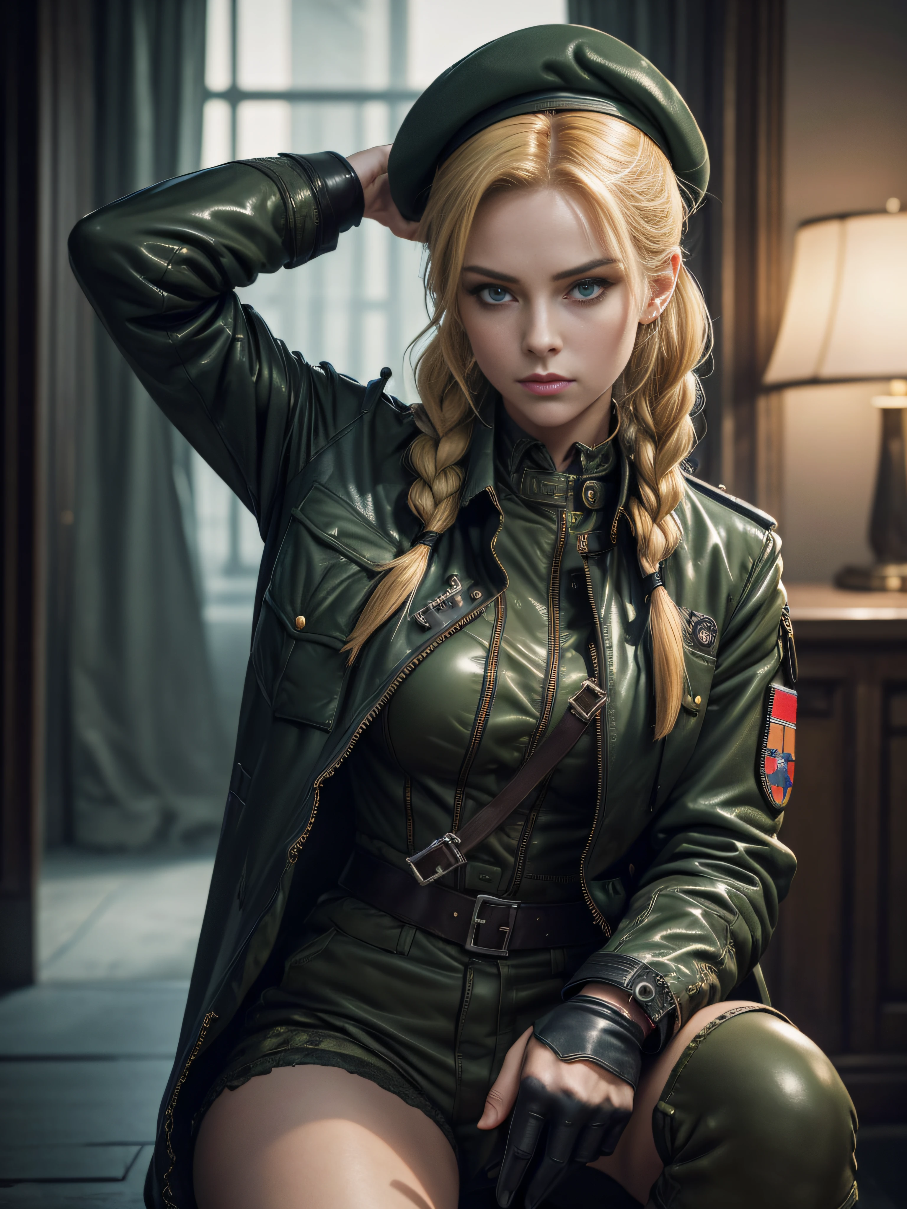 "(exquisitely detailed CG unity 8k wallpaper, masterpiece-quality with stunning realism), (best illumination, best shadow), (best quality), (elegant and demonic style:1.2), Arti modern anime. angled view, heroic pose, closeup full body portrait of stunningly beautiful cammy from street fighter, Masterpiece, best quality, highres, mature Cammy white, twin braids, long hair, blonde hair, antenna hair, beret, (red headwear:1), blue eyes, scar on cheek, green military croptop, green military shorts, red gloves, fingerless gloves, camouflage, (fully clothed:1), abs, depth of field blur effect, night, full zoom, action portrait, photorealistic. cinematic lighting, highly detailed. best quality, 4k, Better hand, perfect anatomy, leaning forward, foreshortening effects, coy flirty sexy expression, foreshortening effect, (piercing eyes:0.8), surrounded by an ominous and dark atmosphere, accentuated by dramatic and striking lighting, imbued with a sense of surreal fantasy". wearing laced military boots:1.5), (resting in MI6 headquarters:1) (wearing a British Military jacket:1.5) (mature:0.5)