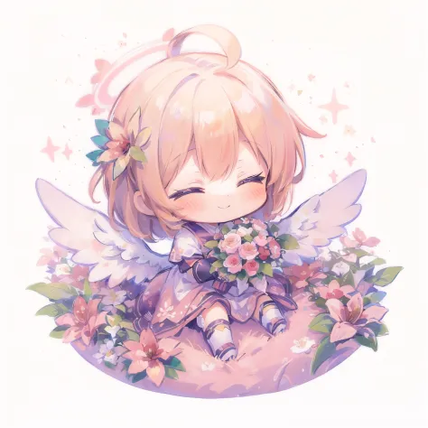 (((masutepiece))), Best Quality, Extremely detailed, Anime, (Hold a bouquet), (angel costume), (Halo), (angel wing), Closed eyes, (((girl with))), (((Solo))), Happy, Full body, Ahoge, (((Deformed))), (((Chibi Character))), (((Floral background))), (White b...