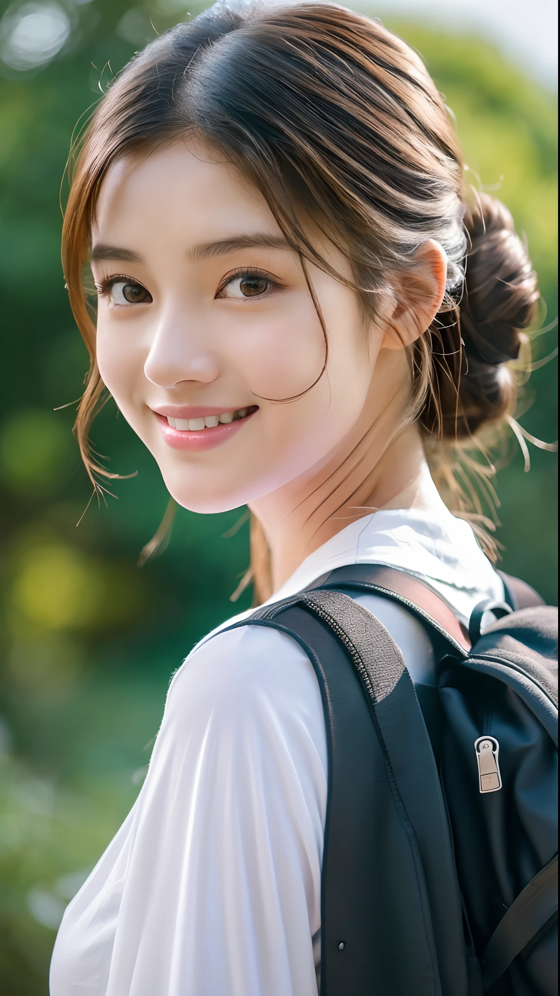 Natural Landscape Photography; mountain climbing; (1girl in:1.3), (Slender body), (white t-shirts、Parachute pants), ((Semi-long chignon hair)), (dark brown  hair), (Asian Girl, 18 years old, ultra-delicate face, Super Beautiful Maid, Super delicate eyes, Ultra-detailed nose, Ultra detailed mouth, Ultra-detailed facial features), (Lifelike eyes),(super realistic picture quality), lightsmile, Carrying a backpack、8K,Beauty photo,