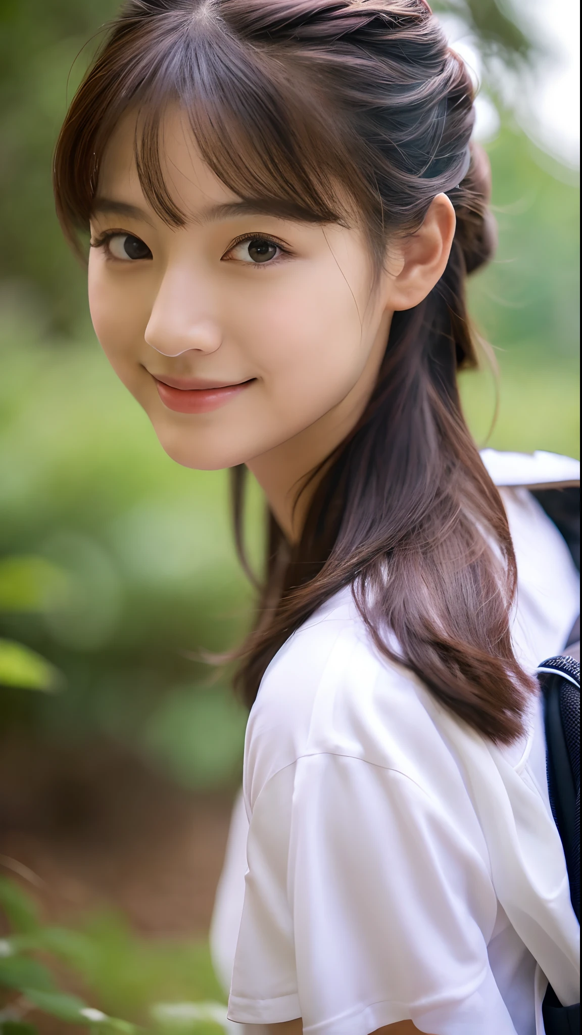 Natural Landscape Photography; mountain climbing; (1girl in:1.3), (Slender body), (white t-shirts、Parachute pants), ((Semi-long chignon hair)), (dark brown  hair), (Asian Girl, 18 years old, ultra-delicate face, Super Beautiful Maid, Super delicate eyes, Ultra-detailed nose, Ultra detailed mouth, Ultra-detailed facial features), (Lifelike eyes),(super realistic picture quality), lightsmile, Carrying a backpack、8K,Beauty photo,