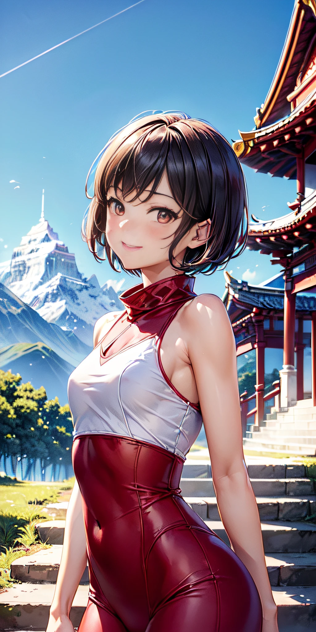 seen from any of the 4 cardinal points, wallpaper, ((ganyudef upper body, slim build, shapely body, short hair, smile, blush, outdoors, day)), (background: simple, blue sky, sky, temple, looking at viewer, stairs , mountain), rear side lighting, intricate details,