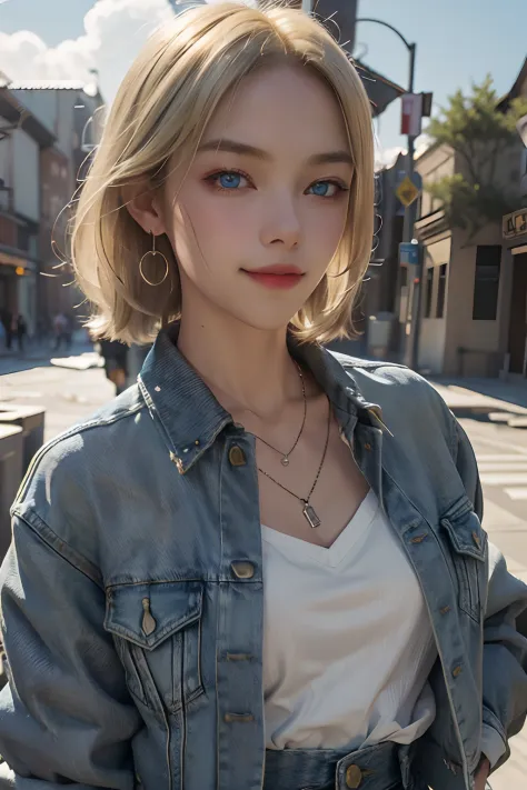 1girll, Solo, Android 18, Blonde hair, Blue eyes, Short hair, jewelry, Earrings, Smile, Jacket, Looks to the side, Denim, Denim jacket, Upper body, Lingerie, Closed mouth, Cloud, sky, day, looks away, Blue sky, 鎖骨,