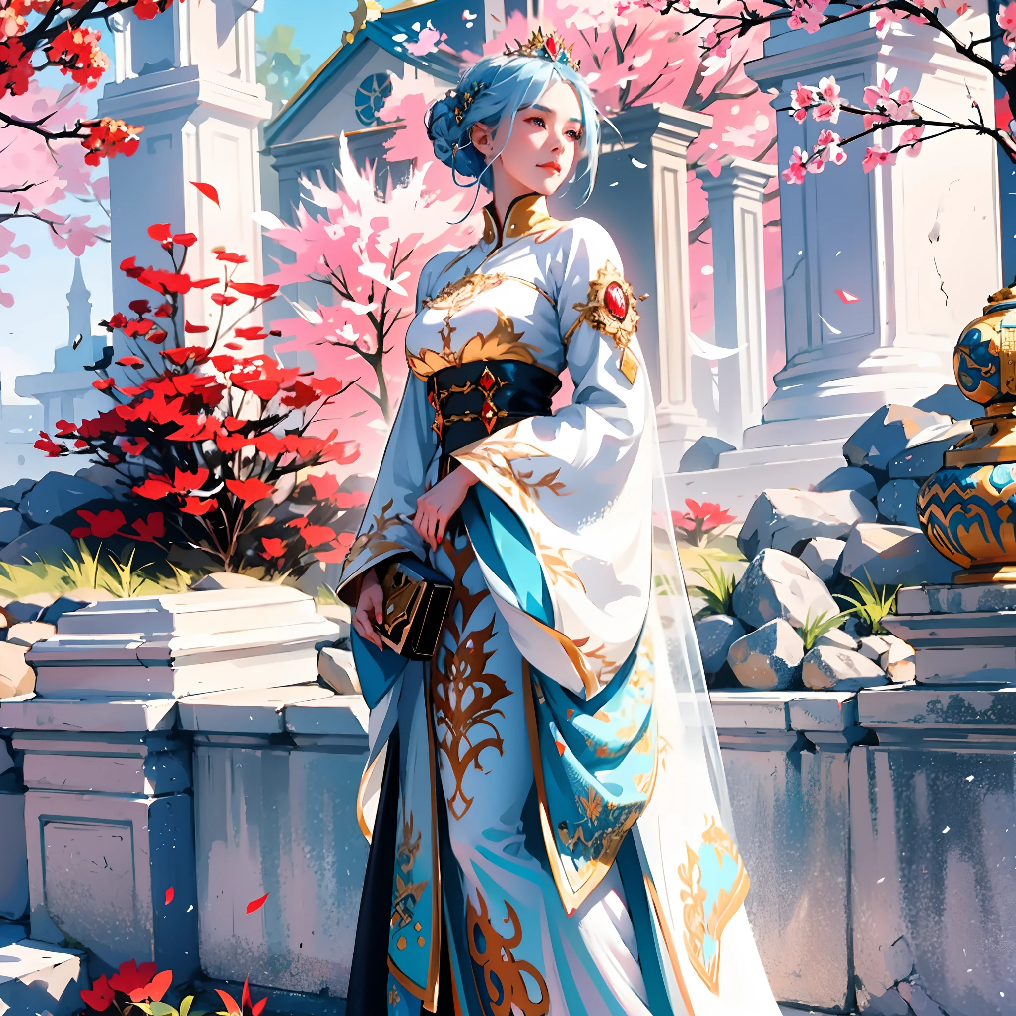 In front of the wall stood a woman in a white dress, Guviz-style artwork, ((a beautiful fantasy empress)), Guviz, guweiz masterpiece, a beautiful fantasy empress, Guweiz in Pixiv ArtStation, elegant cinematic fantasy art, Inspired by WLOP, Guweiz on ArtStation Pixiv