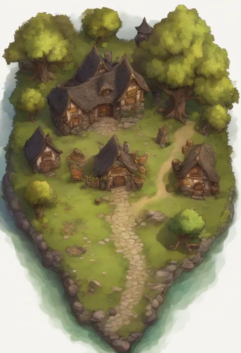 birdseye straight top-down shot from a drone, battlemap of a druid's cottage, (dark magical roots sprouting from west:1.2), (black necrotic magic in the air:1.2), wicker furniture, dungeons and dragons, final fantasy, game art, (coherent architecture and i...