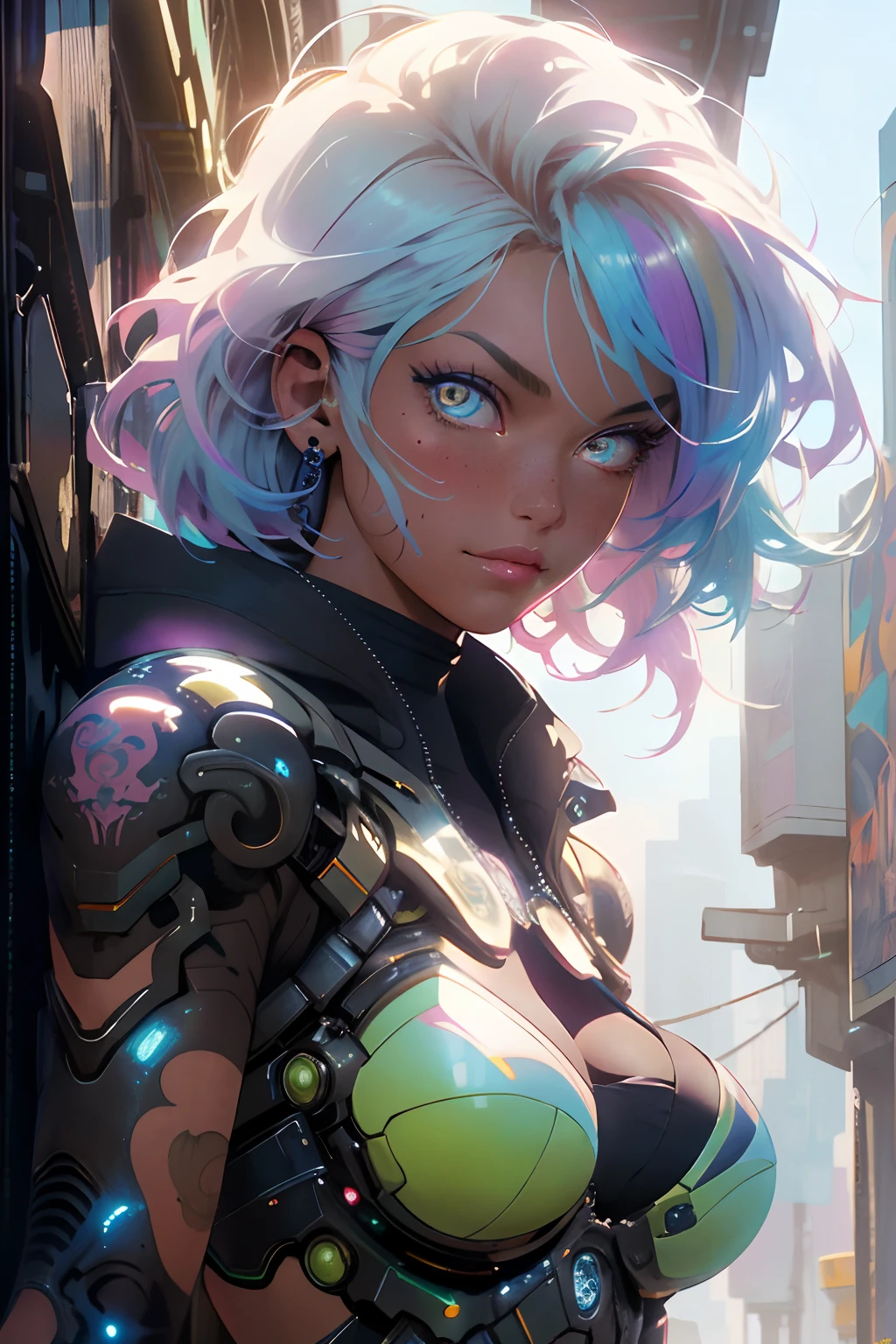 The most beautiful and sexy cyberpunk girl, rainbow colored hair, vibrant yellow eyes, long detailed eyelashes, huge enormously gigantic tits, cleavage showing, wearing highly detailed futuristic battle armor, tons of tattoos and piercings, melancholy lighting, quiet, calm, brightness, masterpiece, best quality, 1man, (JinxLol:1.2), (ultra photorealistic:1.3), (masterpiece:1.4), best quality, ((realistic)), high quality, ultra detailed, ((real image)), ((realistic skin)), ((realistic face)),(illustration:1.05), (beautiful:1.05), (beautiful detailed eyes:1.05), (cinematic light:1.1), light blue highlights, full body, cherry blossoms blowing in the wind, futuristic graffiti cyber city background