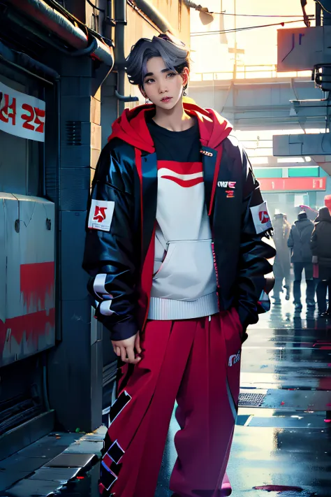 (((Suga from BTS))) K-pop star, really handsome guy, standing, detailed face, detailed body, wearing cyberpunk hoodie