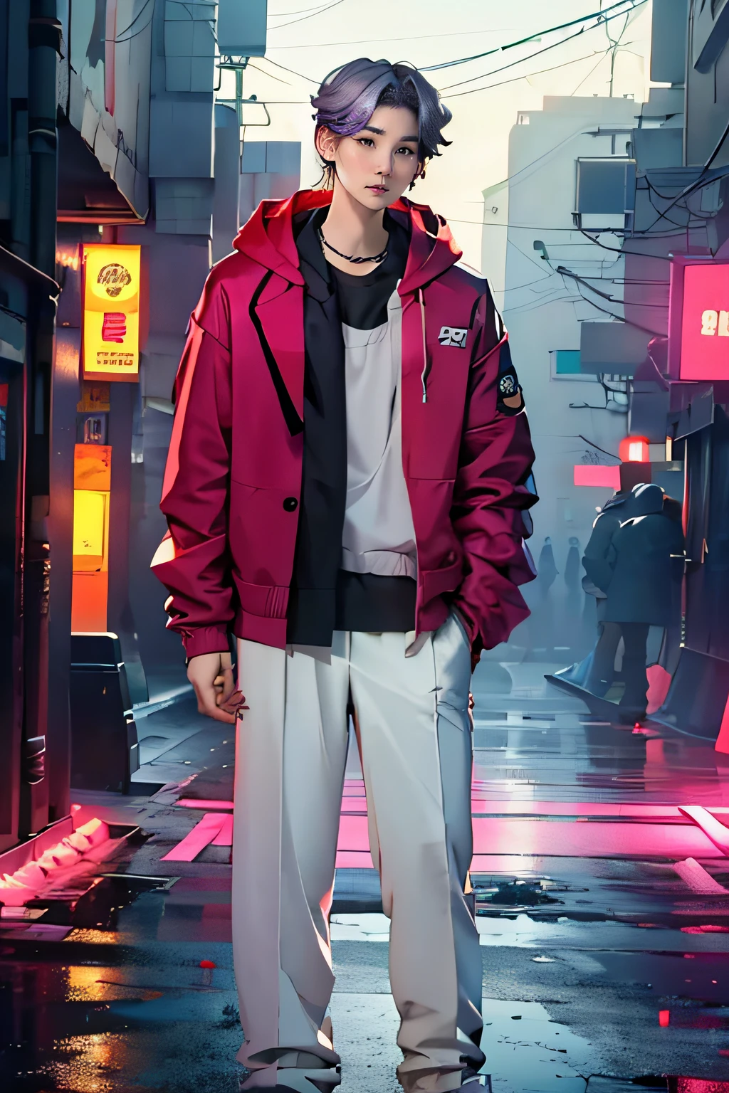 (((Suga de BTS))) Star de la K-pop, vraiment beau mec, debout, Visage détaillé, corps détaillé, porter un sweat à capuche cyberpunk