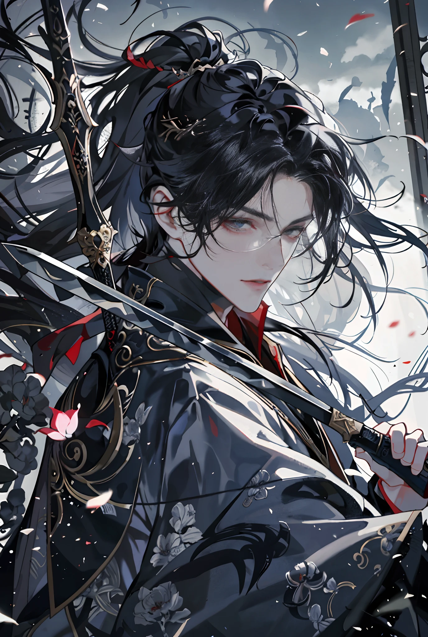 He wears a black and red robe with Tai Chi on it，Messy hair，Broken hair，long whitr hair，knight-errant，Very beautiful cyberpunk digital artwork，malefocus，Handsome，heroic look，Holding a knife in his hand，Chivalry style，High-quality detailed depiction，In the background, there is a Chinese palace and a mountain forest surrounded by a soft mist，Shoot sideways，The light and shadow change is extremely exquisite。Anime style 4K wallpaper。