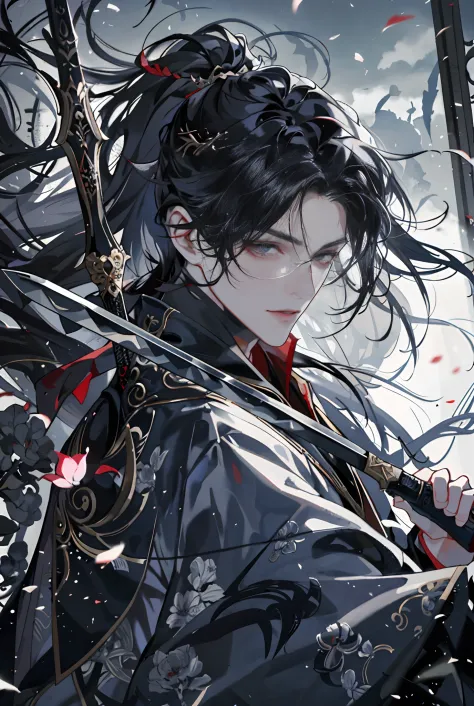 He wears a black and red robe with Tai Chi on it，Messy hair，Broken hair，long whitr hair，knight-errant，Very beautiful cyberpunk digital artwork，malefocus，Handsome，heroic look，Holding a knife in his hand，Chivalry style，High-quality detailed depiction，In the ...