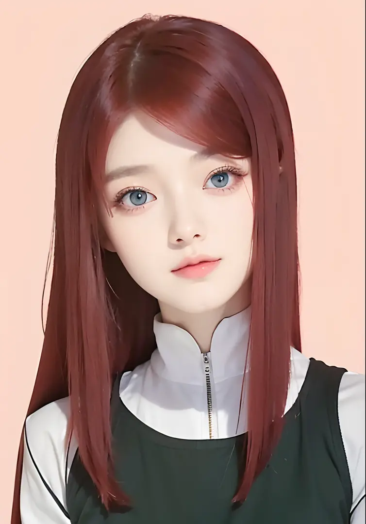 A girl with realistic long red hair, realistic dark blue eyes, realistic Korean teenager beautiful face, realistic cool expression,Adapt clothes to exactly match the photo, realistic light, realistic shadows, realistic background