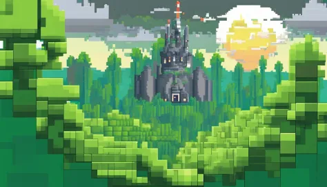 Green forest below, The gray tower in the middle, Big Sun, Gray clouds
