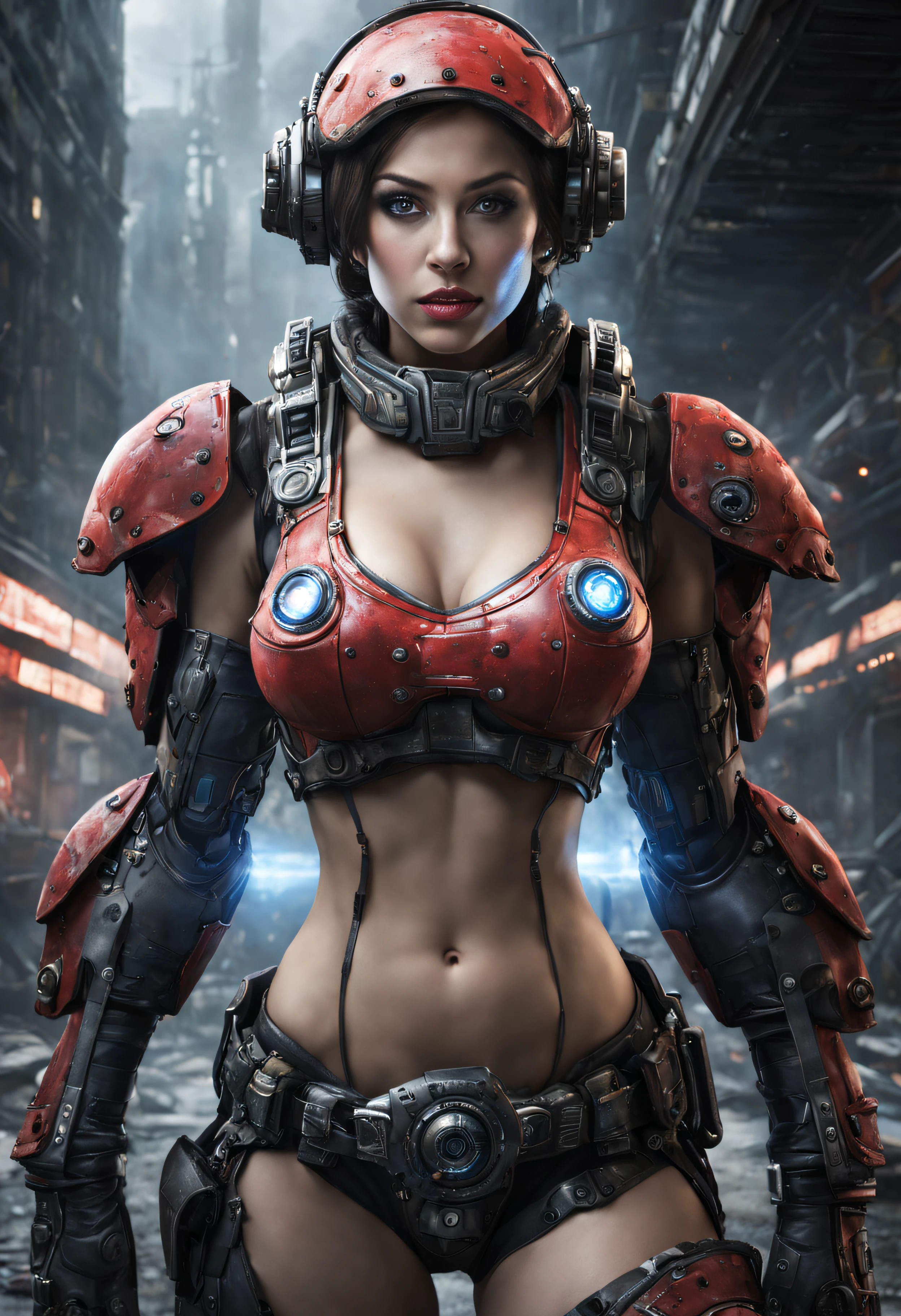 extraterrestrial alien woman, Considered one of the most beautiful races in the galaxy, with a face, sensual eyes and lips, dressed in sexy gears of war uniform, It is located in the space station control center. hyperrealistic, sharp image, 8k.