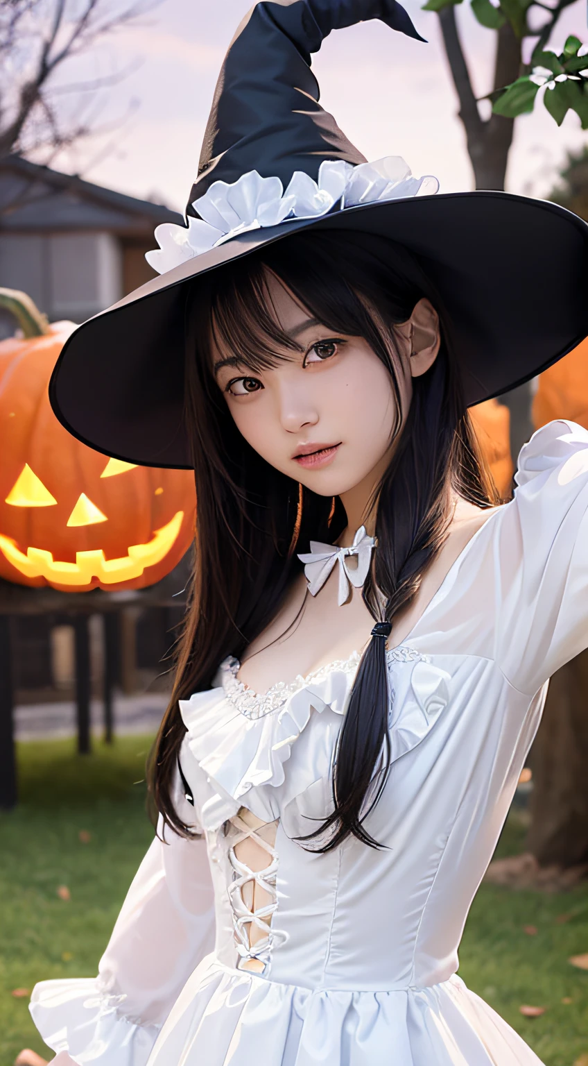 (masutepiece, Best Quality:1.2), 8K, 18year old, 85 mm, Official art, Raw photo, absurderes, White dress shirts, Pretty Face, close up, Upper body, violaceaess, gardeniass, Beautiful Girl, (Detailed Halloween costumes with frills,Witch Hat:1.3),　(model poses:1.3),　Cinch West, thighs thighs thighs thighs, Hair over one eye, On the street at night、garterbelts, Looking at Viewer, No makeup, (Smile:0.4), Film grain, chromatic abberation, Sharp Focus, face lights, clear lighting, Teen, Detailed face, Bokeh background,