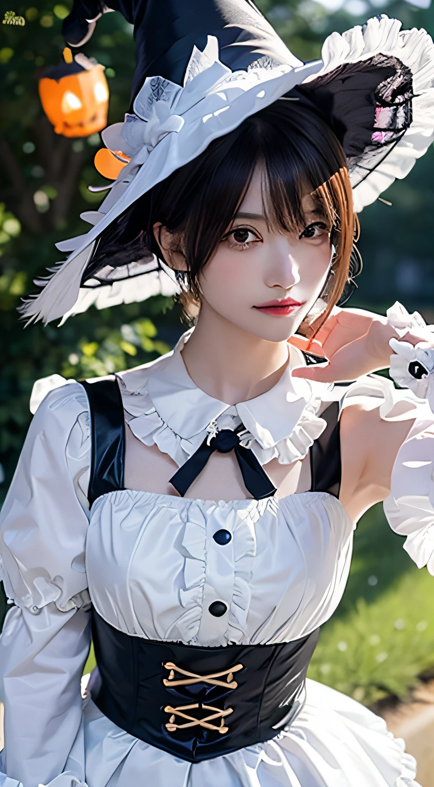 (masutepiece, Best Quality:1.2), 8K, 18year old, 85 mm, Official art, Raw photo, absurderes, White dress shirts, Pretty Face, close up, Upper body, violaceaess, gardeniass, Beautiful Girl, (Detailed Halloween costumes with frills,Witch Hat:1.3), (model poses:1.3), Cinch West, thighs thighs thighs thighs,  In the street, Looking at Viewer, No makeup, (Smile:0.4), Film grain, chromatic abberation, Sharp Focus, face lights, clear lighting, Teen, Detailed face, Bokeh background,、slim figure