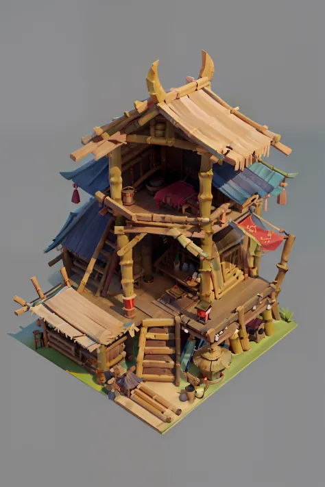 game scenes，single building，bamboo huts，، simple，stilt building，bamboo，firewood，pubic area is clear，styled