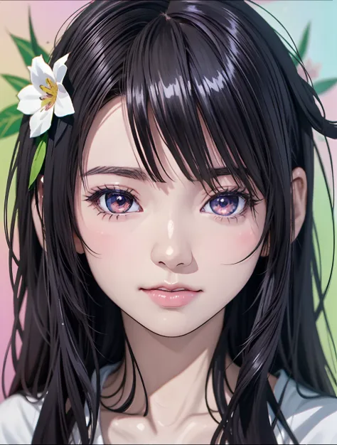 Anime girl with long black hair in white shirt and flower crown, Beautiful Anime Portrait, Stunning anime face portrait, Beautif...